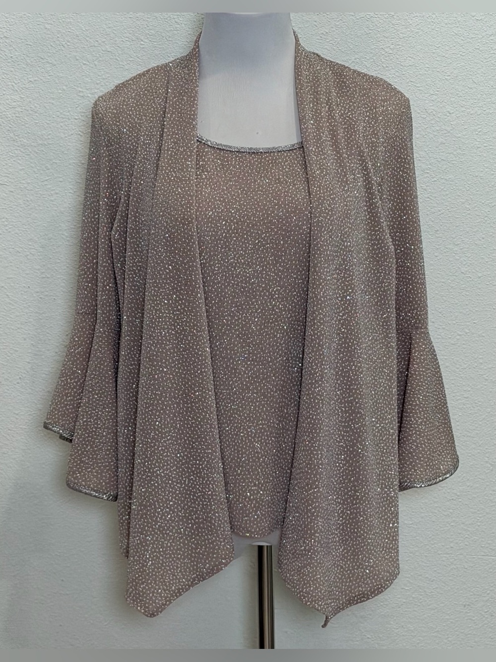 Vintage 90s Onyx Nite Top Attached Cardigan Medium Taupe Silver Metallic Evening